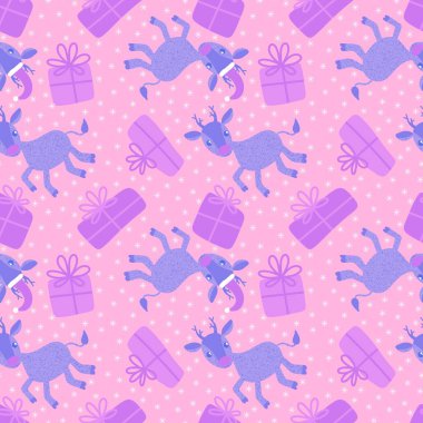 Kış çizgi filmlerindeki kusursuz Noel geyikleri ve hediye kutusu desenli ambalajlar, kumaşlar, çocuk giysileri baskısı, yeni yıl aksesuarları ve ambalajları. Yüksek kaliteli illüstrasyon