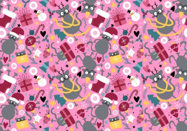 Noel hayvanları kusursuz kediler, hediye kutuları, ağaç ve oyuncak desenleri kağıt ve kumaşlar, çocuk giysileri baskısı, yeni yıl ambalajları ve şenlikli aksesuarlar. Yüksek kaliteli illüstrasyon