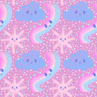 Çizgi film güneşi, gökkuşağı ve karalama deseni kağıt ve kumaşlar için kusursuz karalama deseni ve çocuk giysileri baskısı ve moda tekstil ürünleri ve şenlik aksesuarları ve doğum günü. Yüksek kaliteli illüstrasyon