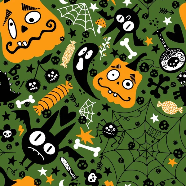 Calabazas Dibujos Animados Halloween Murciélago Sin Costuras Fantasma Dulces Patrón —  Fotos de Stock