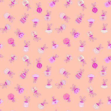 Noel ağacı desensiz çizgi film oyuncakları ambalaj kağıtları, kumaşlar ve çocuk giysileri baskısı, şenlikli aksesuarlar ve kış ambalajları için. Yüksek kaliteli illüstrasyon