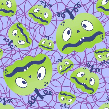 Karikatür sonbaharı sebzesiz Cadılar Bayramı balkabağı desenli kağıt, kumaş ve çocuk giysileri baskısı, moda tekstil ürünleri ve bayram ambalajı. Yüksek kaliteli illüstrasyon