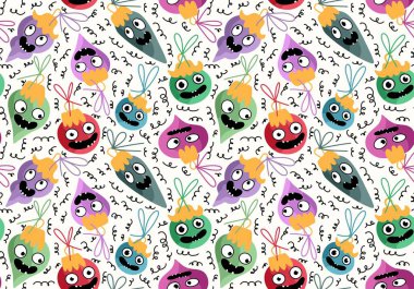 Noel ağacı topları, kumaşlar, ambalaj kağıtları, çocuk giysileri baskısı, yeni yıl ambalajları ve şenlikli aksesuarları olan kusursuz çizgi film canavarları. Yüksek kaliteli illüstrasyon