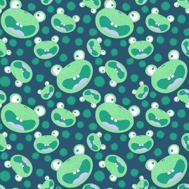 Çizgi filmlerdeki kusursuz kurbağa desenleri ambalaj kağıtları, kumaşlar, çocuk giysileri, tekstil ürünleri, yaz aksesuarları ve şenlikli ambalajlar için. Yüksek kaliteli illüstrasyon