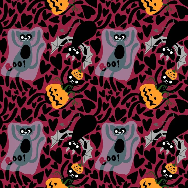 Halloween Cartoon Cats Seamless Pumpkins Ghost Monsters Vampire Pattern Fabrics — Stock Photo, Image