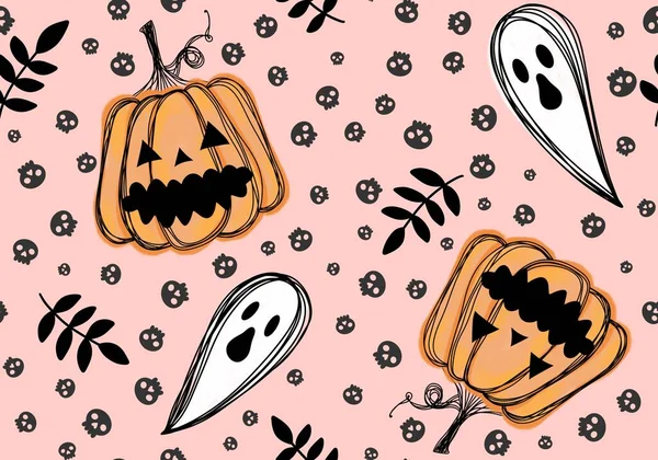 Autumn Cartoon Harvest Vegetable Seamless Halloween Pumpkins Ghost Pattern Wrapping — Stock Photo, Image