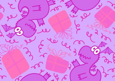 Çizgi filmlerdeki hayvanlar, dinazorlar, Noel ambalajsız ejderha desenleri, çocuk giysileri, kumaşlar ve şenlikli ambalajlar. Yüksek kaliteli illüstrasyon