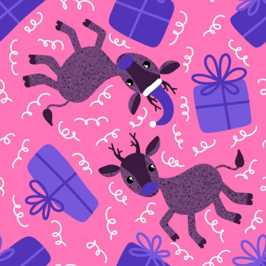 Kış çizgi filmlerindeki kusursuz Noel geyikleri ve hediye kutusu desenli ambalajlar, kumaşlar, çocuk giysileri baskısı, yeni yıl aksesuarları ve ambalajları. Yüksek kaliteli illüstrasyon