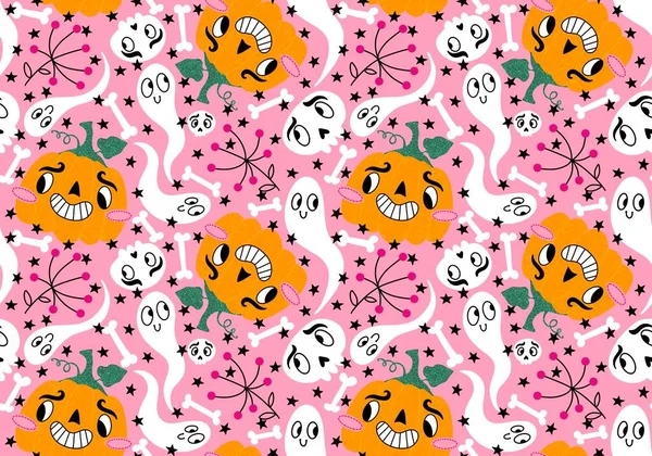 Halloween Cartoon Pompoenen Naadloze Geest Schedels Patroon Voor Het Inpakken — Stockfoto
