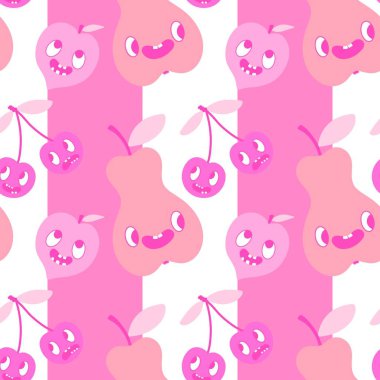 Çizgi filmdeki meyvesiz kirazlar, armutlar ve şeftali desenli ambalajlar, çocuk giysileri, tekstil ürünleri, şenlikli ambalajlar ve sonbahar aksesuarları. Yüksek kaliteli illüstrasyon