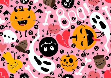 Cadılar Bayramı çizgi balkabakları kusursuz hayaletler, kemikler, kafatası desenleri kağıt ve kumaşlar, çocuk giysileri baskısı, şenlik ambalajları ve sonbahar aksesuarları. Yüksek kaliteli illüstrasyon