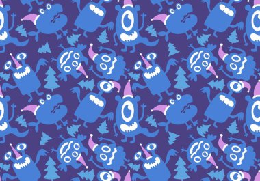 Yeni yıl yaratıkları Noel Baba şapkası desenli kağıt, kumaş, çocuk giysisi baskısı, şenlik ambalajı ve kış aksesuarlarıyla kusursuz Noel canavarları. Yüksek kaliteli illüstrasyon