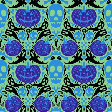 Sonbahar sebze hasadı kusursuz Cadılar Bayramı balkabağı deseni ambalaj kağıdı, kumaş ve çocuk giysileri baskısı ve mutfak ve bayram ambalajı ve moda tekstili. Yüksek kaliteli illüstrasyon