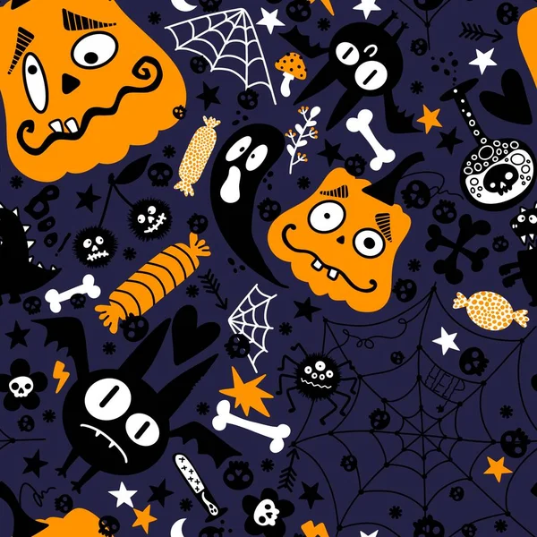 Halloween Cartoon Abóboras Sem Costura Morcego Fantasma Doces Web Padrão — Fotografia de Stock