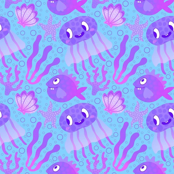 Карикатурные Рыбы Бесшовные Медузы Должны Коралловый Узор Тканей Оберточной Бумаги — стоковое фото