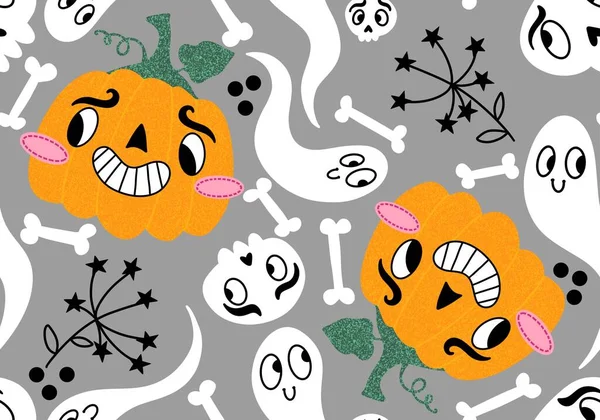 Halloween Dessin Animé Citrouilles Fantôme Sans Couture Crânes Motif Pour — Photo
