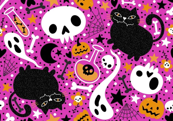 Halloween Gatos Abóboras Sem Costura Fantasma Ossos Padrão Para Papel — Fotografia de Stock