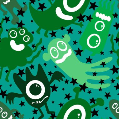 Cadılar Bayramı çizgi roman canavarları kağıt, kumaş, çocuk giysisi baskısı, şenlikli ambalajlar, moda aksesuarları ve okul defterleri için kusursuz uzaylı desenleri. Yüksek kalite fotoğraf