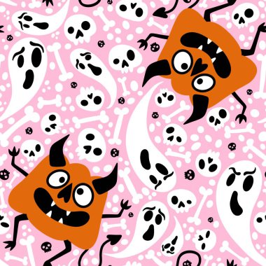 Cadılar Bayramı canavarları dikişsiz balkabakları, hayalet ve kemik desenleri kağıt, kumaş, çarşaf ve çocuk giysileri baskısı, şenlik ambalajı ve sonbahar. Yüksek kaliteli illüstrasyon