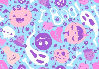 Cadılar Bayramı çizgi balkabakları kusursuz hayaletler, kemikler, kafatası desenleri kağıt ve kumaşlar, çocuk giysileri baskısı, şenlik ambalajları ve sonbahar aksesuarları. Yüksek kaliteli illüstrasyon