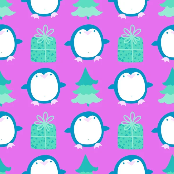 Зимние Животные Бесшовные Мультяшный Пингвин Шаблон Упаковки Бумаги Детской Одежды — стоковое фото