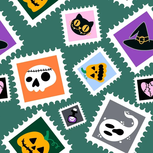 Postzegels Cartoon Naadloze Halloween Pompoenen Spook Gif Kat Patroon Voor — Stockfoto
