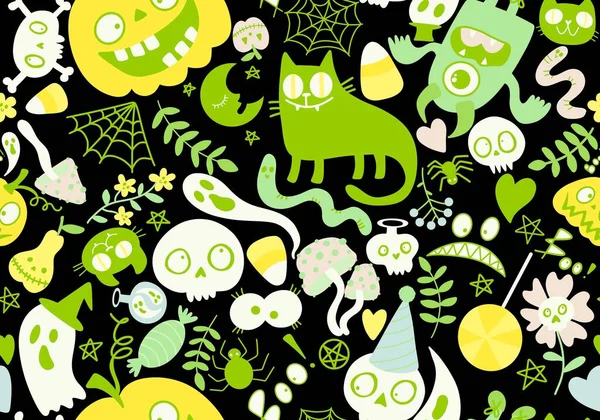 Dibujos Animados Monstruos Halloween Gato Sin Costuras Calabazas Calaveras Patrón — Foto de Stock