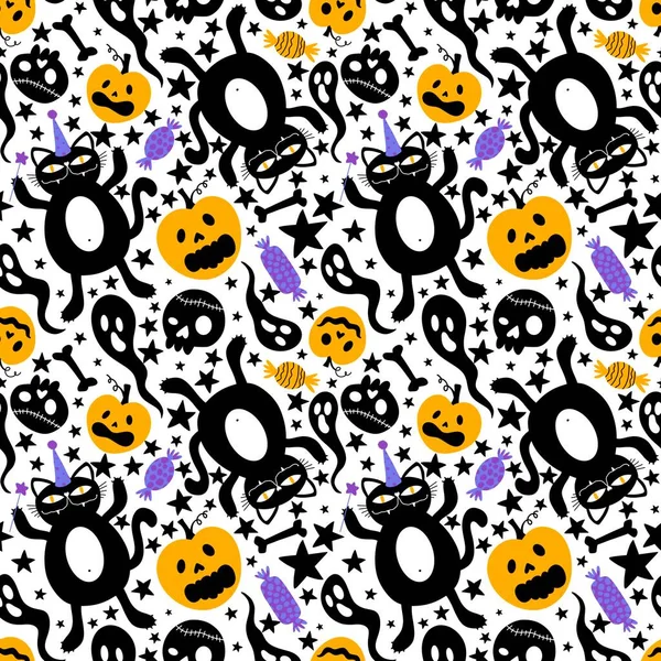 Calabazas Dibujos Animados Halloween Gato Sin Costuras Calaveras Patrón Fantasma —  Fotos de Stock