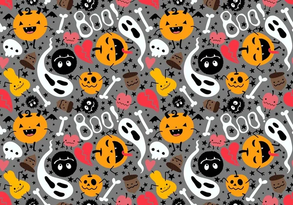 Calabazas Dibujos Animados Halloween Sin Costuras Fantasma Huesos Calaveras Patrón —  Fotos de Stock