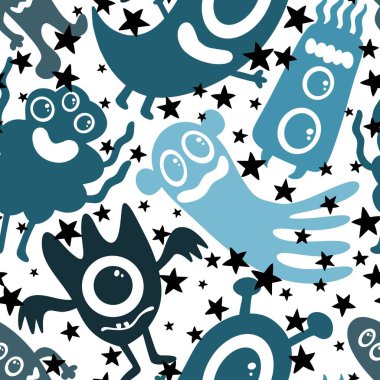 Cadılar Bayramı çizgi roman canavarları kağıt, kumaş, çocuk giysisi baskısı, şenlikli ambalajlar, moda aksesuarları ve okul defterleri için kusursuz uzaylı desenleri. Yüksek kalite fotoğraf