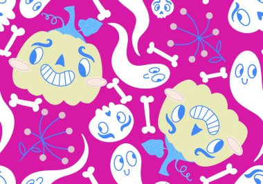 Cadılar Bayramı çizgi filmlerinde balkabakları kusursuz hayaletler ve kafatası desenleri kağıt ve kumaşlar ve çocuk giysileri baskısı ve şenlik ambalajları ve sonbahar aksesuarları. Yüksek kaliteli illüstrasyon