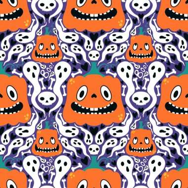 Cadılar Bayramı çizgi filmlerinde balkabakları, hayaletler ve kafatası desenleri kağıt ve kumaşlar ve çocuk giysileri baskısı ve şenlik ambalajları ve sonbahar aksesuarları. Yüksek kaliteli illüstrasyon