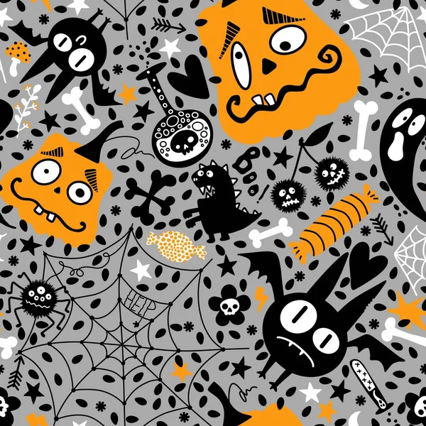 Calabazas Dibujos Animados Halloween Murciélago Sin Costuras Fantasma Dulces Patrón — Foto de Stock