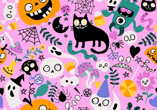 Dibujos Animados Monstruos Halloween Gato Sin Costuras Calabazas Calaveras Patrón —  Fotos de Stock