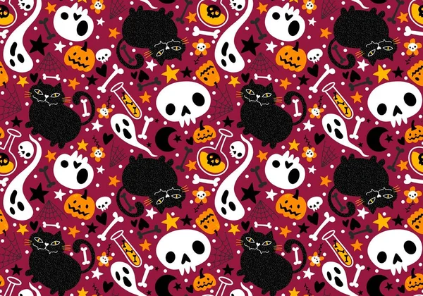 ハロウィーンの猫およびカボチャはペーパーおよび生地および子供の服を包むための継ぎ目が無い幽霊および骨パターンを印刷し お祝いの付属品および秋の包装します 高品質のイラスト — ストック写真