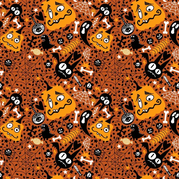 Halloween Rajzfilm Tök Zökkenőmentes Denevér Szellem Cukorka Web Minta Csomagolására — Stock Fotó