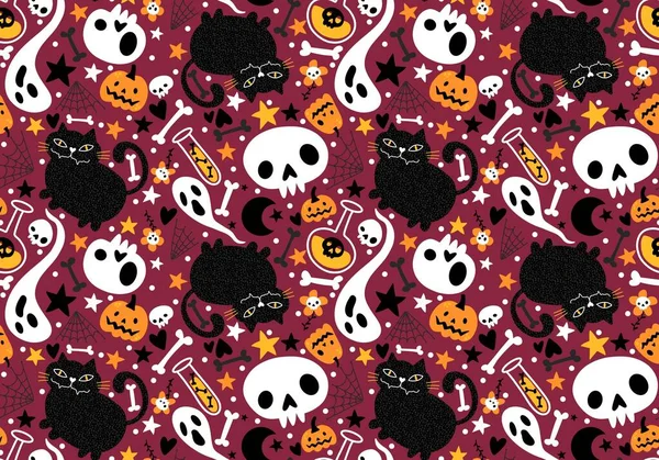 Halloween Chats Citrouilles Fantôme Sans Couture Motif Pour Papier Emballage Photos De Stock Libres De Droits