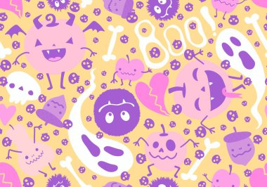 Cadılar Bayramı çizgi balkabakları kusursuz hayaletler, kemikler, kafatası desenleri kağıt ve kumaşlar, çocuk giysileri baskısı, şenlik ambalajları ve sonbahar aksesuarları. Yüksek kaliteli illüstrasyon