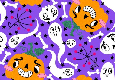 Cadılar Bayramı çizgi filmlerinde balkabakları kusursuz hayaletler ve kafatası desenleri kağıt ve kumaşlar ve çocuk giysileri baskısı ve şenlik ambalajları ve sonbahar aksesuarları. Yüksek kaliteli illüstrasyon