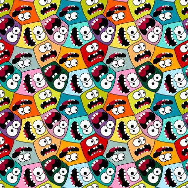 Çizgi filmci çocuklar, yüz desenli ambalaj kağıtları, çocuk kıyafetleri ve Cadılar Bayramı ambalajı kumaşları, moda tekstil ve aksesuarları olan kusursuz canavarlar. Yüksek kaliteli illüstrasyon