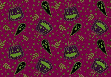 Sonbahar çizgi filmi, sebze hasadı, dikişsiz Cadılar Bayramı balkabağı, ambalaj kağıdı, kumaş, çocuk giysisi baskısı ve şenlikli paketleme için hayalet deseni. Yüksek kaliteli illüstrasyon