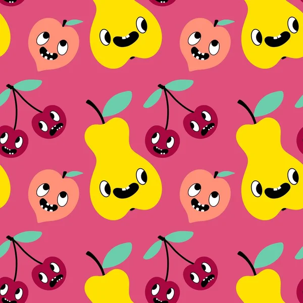 Cartoon Fruit Seamless Cherry Pears Peach Pattern Wrapping Paper Kids — Stock Photo, Image