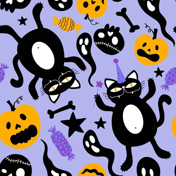 Halloween Cartoon Pompoenen Naadloze Kat Schedels Spook Patroon Voor Het — Stockfoto