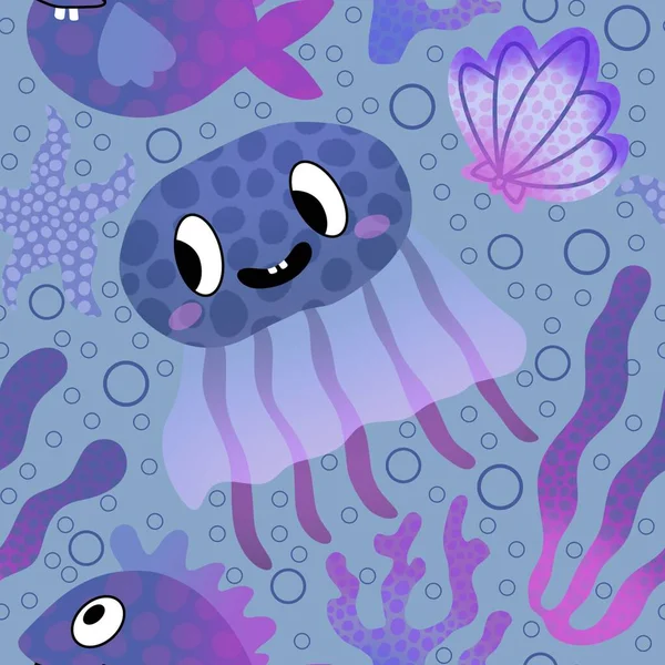Cartoon Fish Seamless Jellyfish Shall Coral Pattern Fabrics Wrapping Paper — Stock Photo, Image