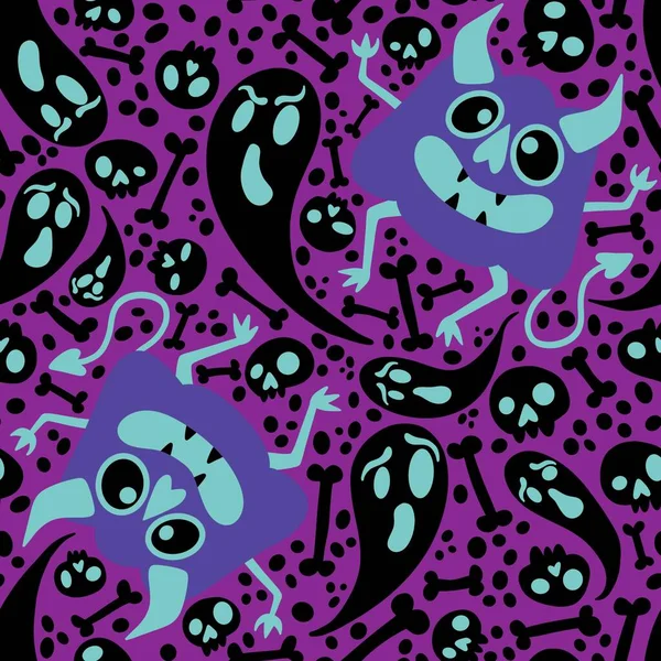Halloween Monsters Seamless Pumpkins Ghost Bones Pattern Wrapping Paper Fabrics — Stock Photo, Image