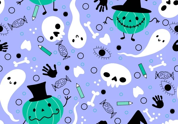Halloween Tecknad Pumpor Sömlösa Spöke Och Dödskallar Mönster För Inslagning — Stockfoto