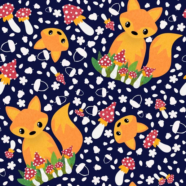Autumn cartoon animals seamless fox and mushrooms fly agaric pattern for wrapping paper and fabrics and kids and festive packaging and accessories and fashion textiles. High quality illustration