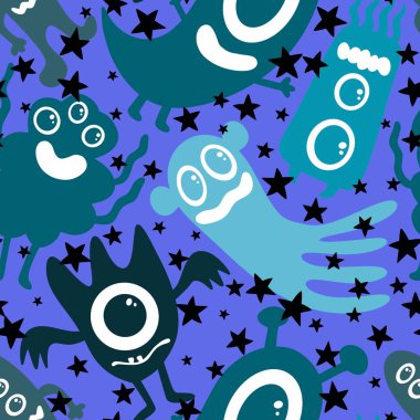 Cadılar Bayramı çizgi roman canavarları kağıt, kumaş, çocuk giysisi baskısı, şenlikli ambalajlar, moda aksesuarları ve okul defterleri için kusursuz uzaylı desenleri. Yüksek kalite fotoğraf