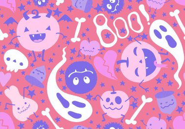 Cadılar Bayramı çizgi balkabakları kusursuz hayaletler, kemikler, kafatası desenleri kağıt ve kumaşlar, çocuk giysileri baskısı, şenlik ambalajları ve sonbahar aksesuarları. Yüksek kaliteli illüstrasyon