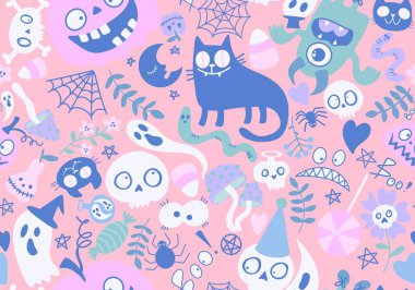 Çizgi filmlerdeki cadılar bayramı canavarları dikişsiz kedi, balkabağı, kafatası, hayalet ve mantar desenli ambalaj kağıtları, kumaşlar, çocuk giysileri baskıları ve şenlikli ambalajlar. Yüksek kaliteli illüstrasyon